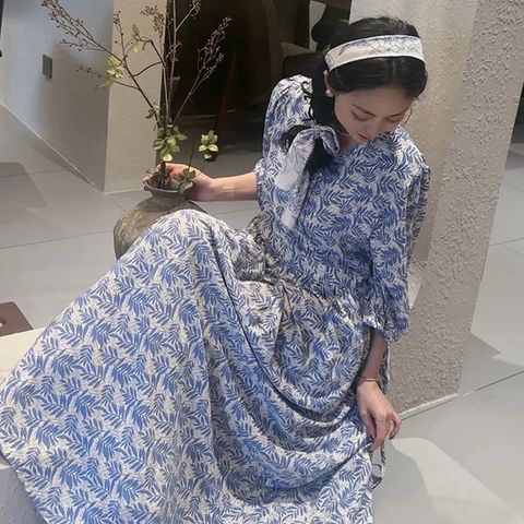 【韓國K.W.】KBN7581現貨法式浪漫藍葉棉稠寬鬆自在洋裝(連身裙/洋裝/寬鬆)