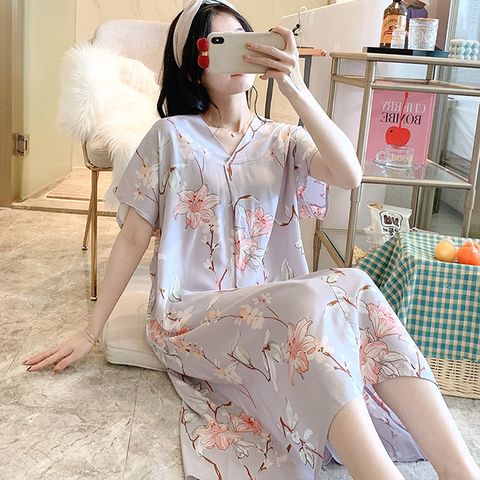 【韓國K.W.】KBN7485現貨櫻花紫棉稠V領妞結造型休閒家居服(連身裙/洋裝/寬鬆)