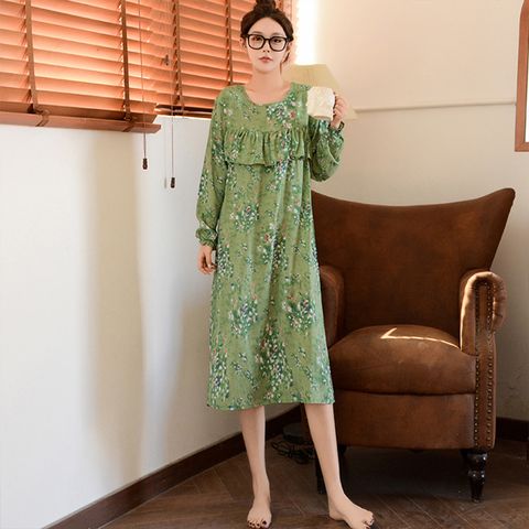 【韓國K.W.】KBM4557韓國專櫃級碎花棉稠波浪造型家居休閒服睡裙(睡裙/1件套/舒適柔軟好穿)