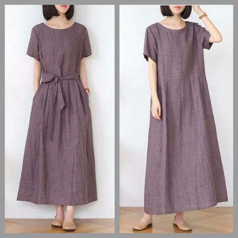 AKARA 知性小文藝設計感綁帶收腰連身裙洋裝(亞麻混紡材質/最大3XL/ 中大尺碼)