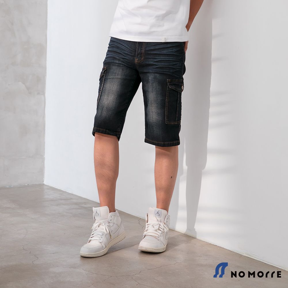 NoMorre 男裝 工作褲 牛仔褲 七分褲 水洗 彈力 口袋 L-5L 藍色 現貨#7828