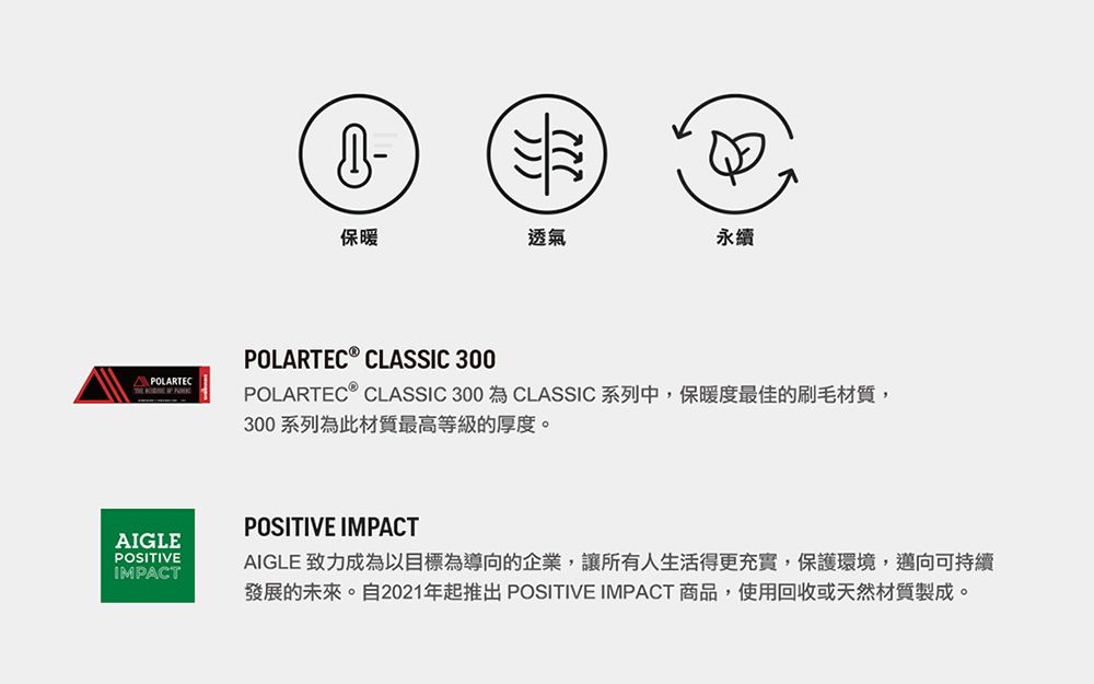 POLARTEC   保暖透氣永續POLARTEC ® CLASSIC 300POLARTEC® CLASSIC 300 為 CLASSIC 系列中,保暖度最佳的刷毛材質,300系列為此材質最高等級的厚度。AIGLEPOSITIVEIMPACTPOSITIVE IMPACTAIGLE 致力成為以目標為導向的企業,讓所有人生活得更充實,保護環境,邁向可持續發展的未來。自2021年起推出POSITIVE IMPACT 商品,使用回收或天然材質製成。
