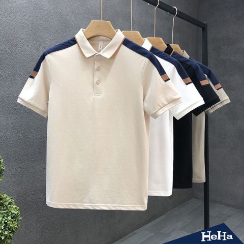 拼色翻領POLO短袖衫 四色-HeHa