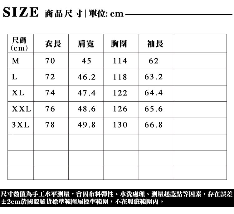 SIZE 商品尺寸|單位: cm尺碼(cm)衣長 肩寬胸圍袖長M704511462L7246.211863.2XL7447.412264.4XXL7648.612665.63XL7849.813066.8尺寸數值為手工水平,會因布料彈性水洗處理、測量起訖點等因素,存在誤差±2cm於國際驗貨標準範圍標準範圍,不在瑕疵範圍內。