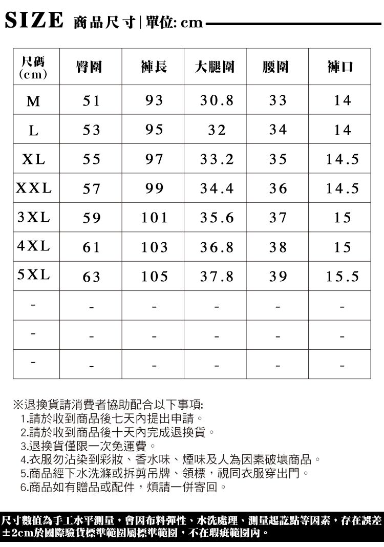 SZE 商品尺寸|單位:cm尺碼(cm)臀 褲長大腿圍腰圍褲口M519330.833145395323414559733.23514.5XXL 579934.43614.53XL59101 35.637154XL6110336.838155XL6310537.83915.5L-I※退換貨請消費者協助配合以下事項:1.請於收到商品後七天內提出申請。2.請於收到商品後十天內完成退換貨。3.退換貨僅限一次免運費。4.衣服勿沾染到彩妝、香水味、煙味及人為因素破壞商品。5.商品經下水洗滌或拆剪吊牌、領標,視同衣服穿出門。6.商品如有贈品或配件,煩請一併寄回。尺寸數值為手工水平測量,會因布料彈性、水洗處理、測量起訖點等因素,存在誤差±2cm於國際驗貨標準範圍標準範圍,不在瑕疵範圍內。