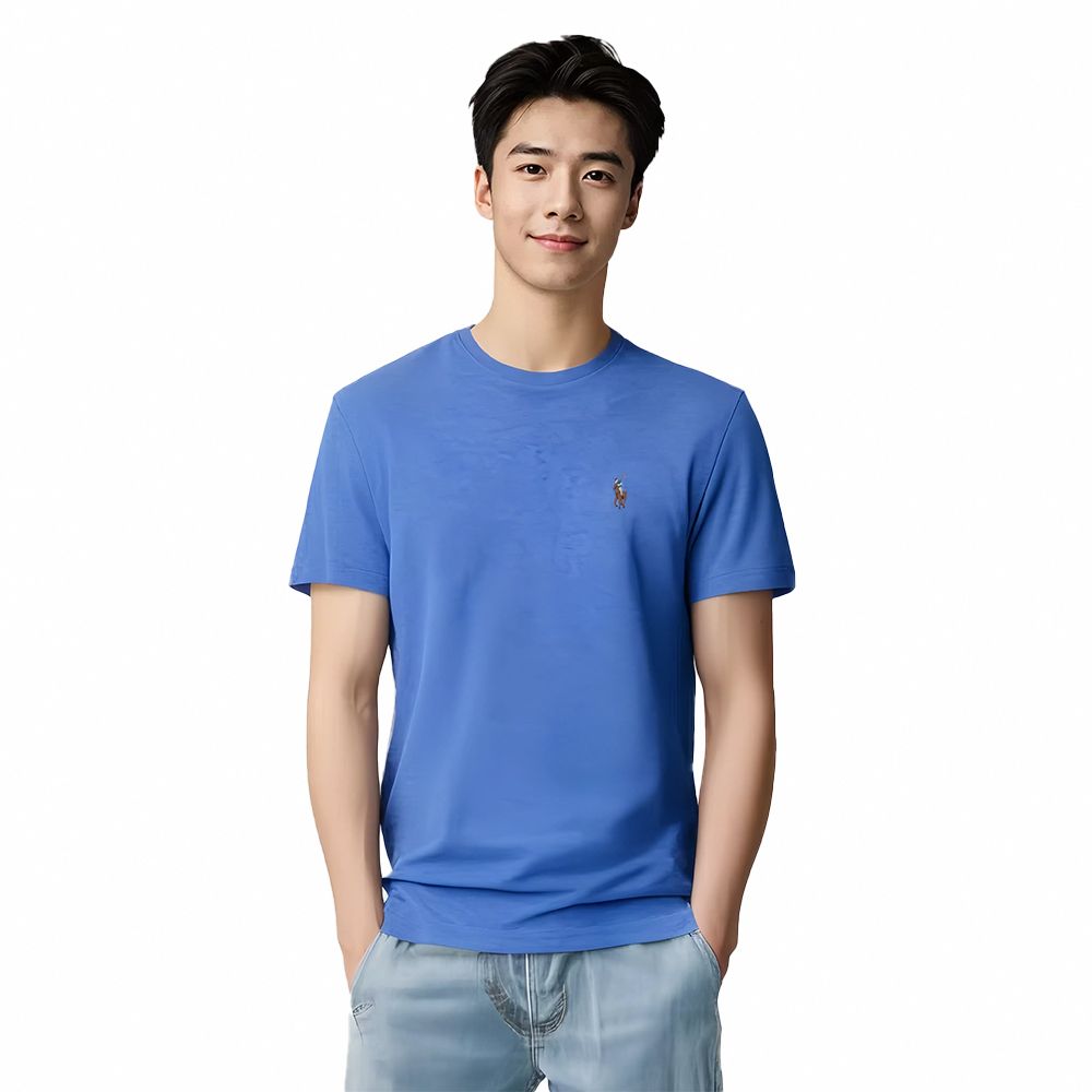 RALPH LAUREN POLO 熱銷刺繡小馬PIMA棉素面短袖T恤(透氣排汗)-藍色