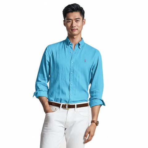 RALPH LAUREN POLO 熱銷刺繡小馬亞麻長袖襯衫-湖水藍色(CLASSIC FIT)