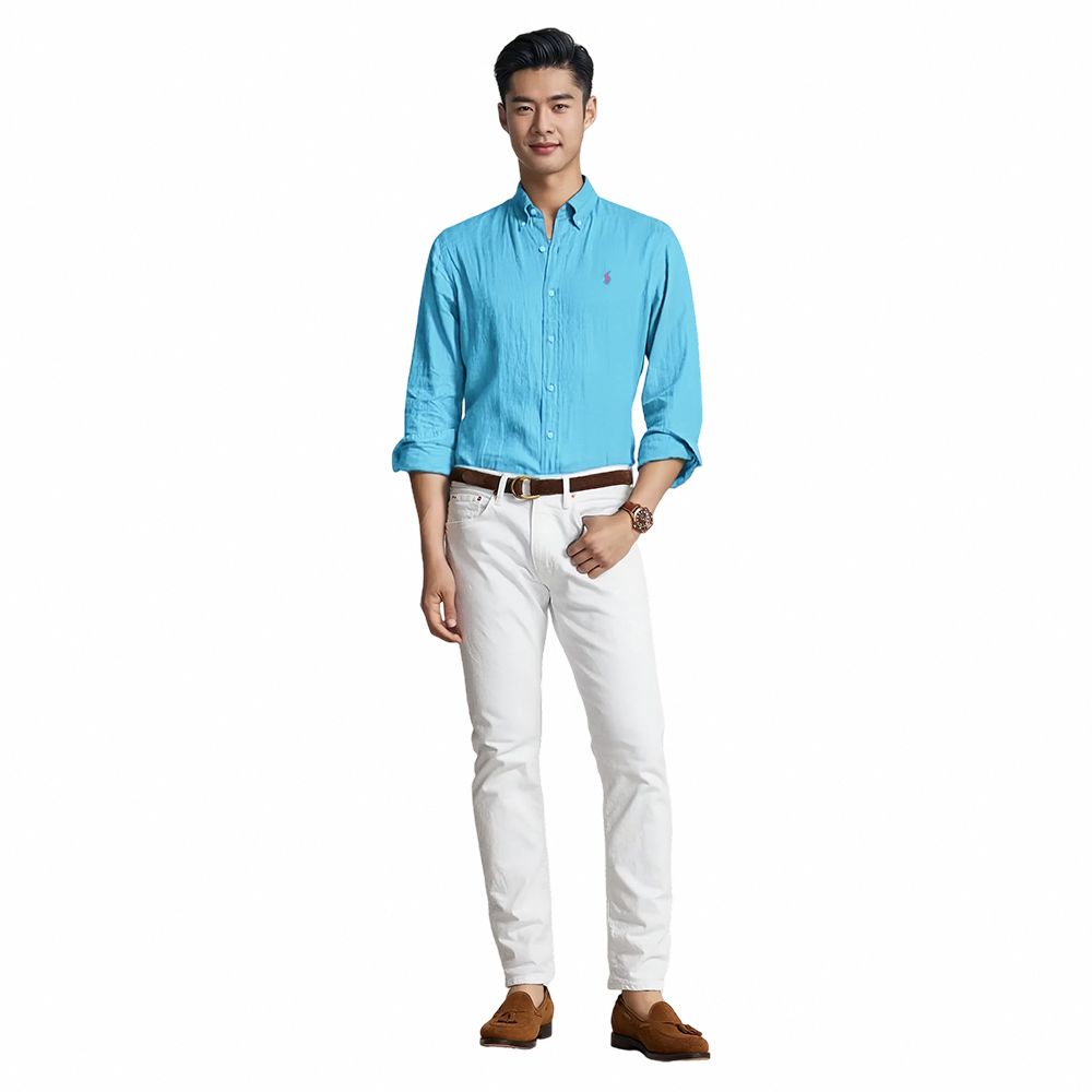 RALPH LAUREN POLO 熱銷刺繡小馬亞麻長袖襯衫-湖水藍色(CLASSIC FIT)