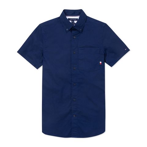 TOMMY 熱銷口袋刺繡Logo短袖襯衫-深藍色
