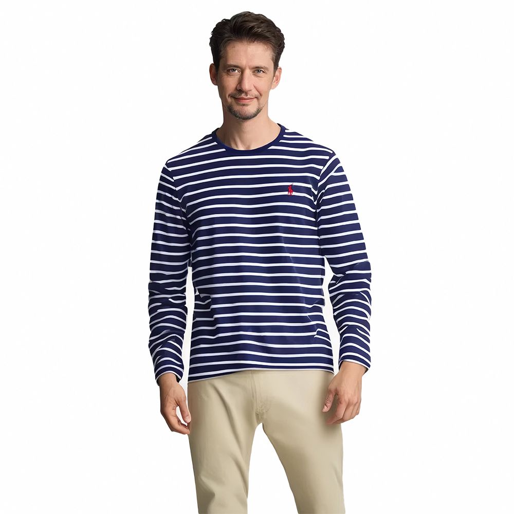 RALPH LAUREN POLO 熱銷刺繡小馬透氣排汗素面長袖T恤-深藍白條紋色(PIMA棉)