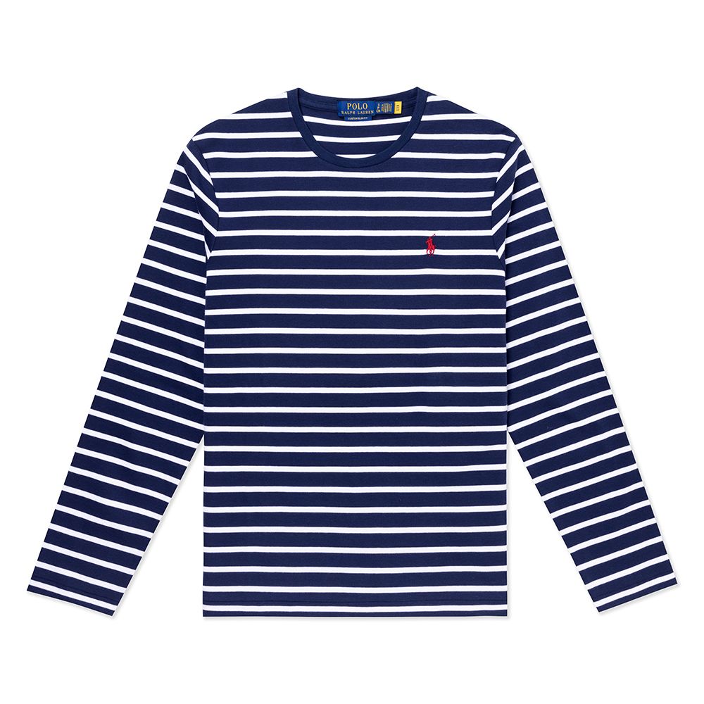 RALPH LAUREN POLO 熱銷刺繡小馬透氣排汗素面長袖T恤-深藍白條紋色(PIMA棉)