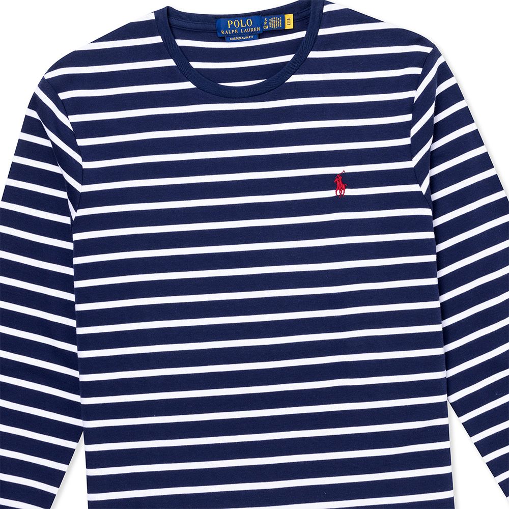 RALPH LAUREN POLO 熱銷刺繡小馬透氣排汗素面長袖T恤-深藍白條紋色(PIMA棉)