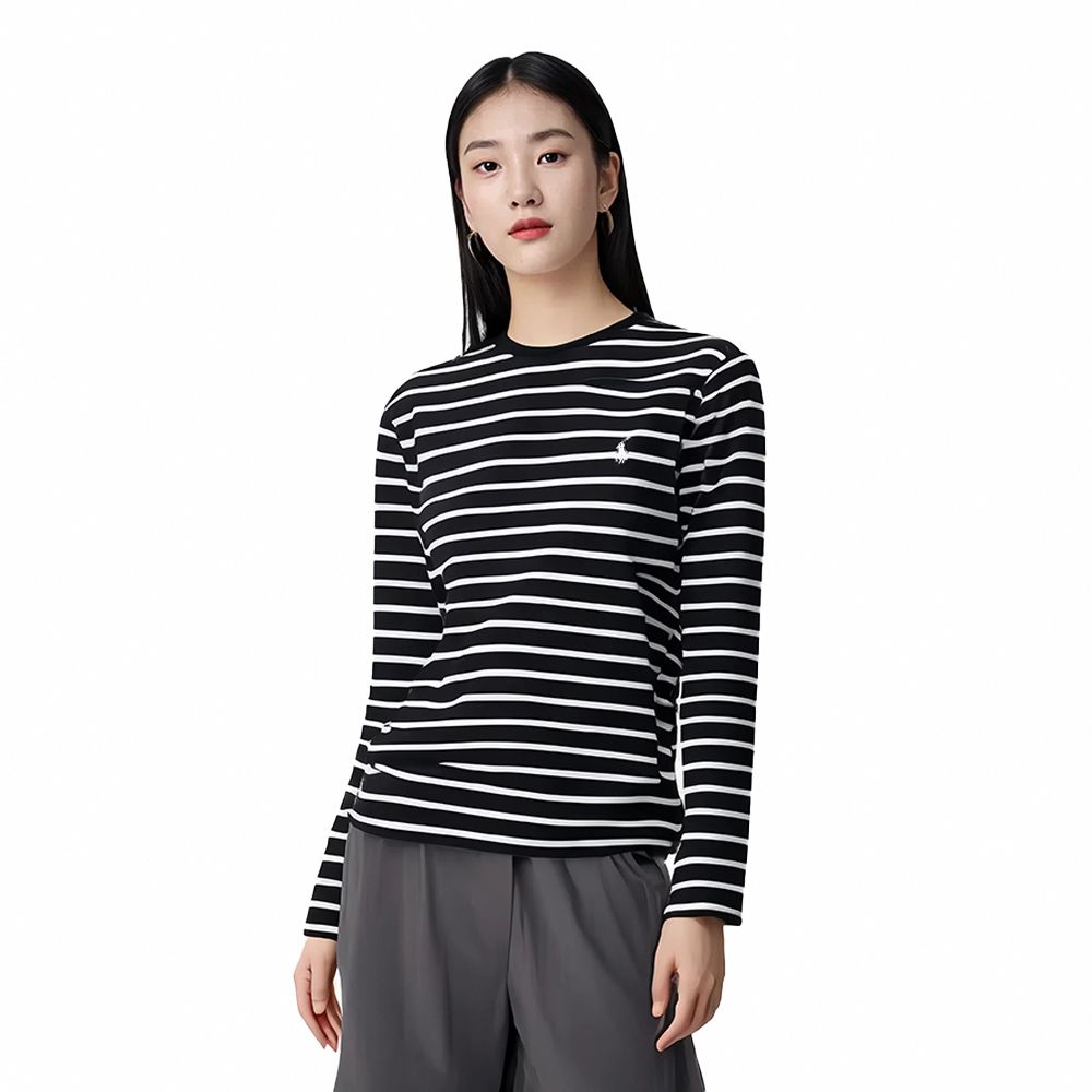 RALPH LAUREN POLO 熱銷刺繡小馬透氣排汗素面長袖T恤-黑白條紋色(PIMA棉)