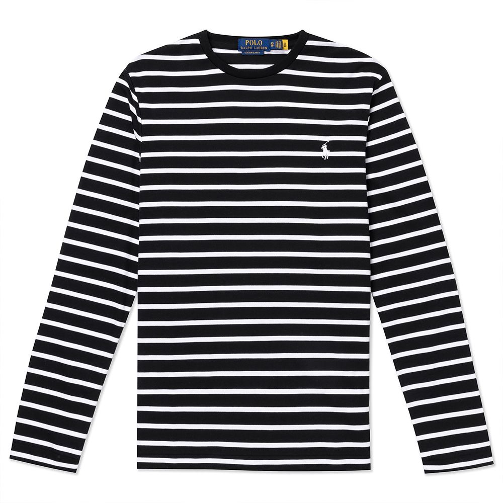 RALPH LAUREN POLO 熱銷刺繡小馬透氣排汗素面長袖T恤-黑白條紋色(PIMA棉)