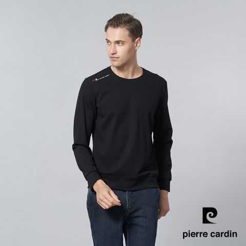 Pierre Cardin 皮爾卡登 男裝 人造棉混紡微彈性素色圓領長袖T恤-黑色 (5245260-99)