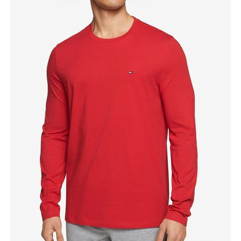 TOMMY 熱銷刺繡Logo素面長袖T恤-紅色