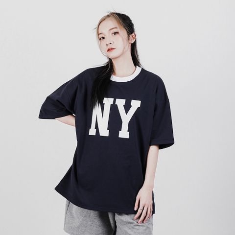 【AMERO】男裝 女裝 短袖圓領Ｔ恤 NY 撞領 細絨布 情侶裝