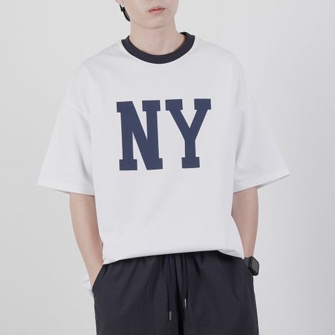 【AMERO】男裝 女裝 短袖圓領Ｔ恤 NY 撞領 細絨布 情侶裝