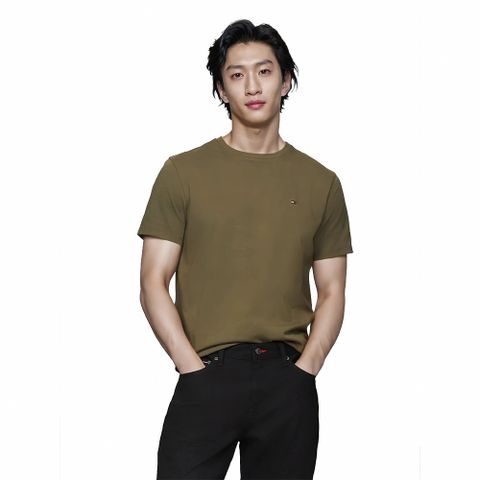 TOMMY 熱銷圓領刺繡Logo素面短袖T恤-墨綠色