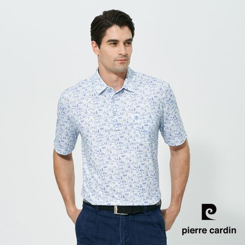 【pierre cardin 皮爾卡登】男款 TOP印花短袖襯衫領短袖polo衫-水藍色 (5257289-33)
