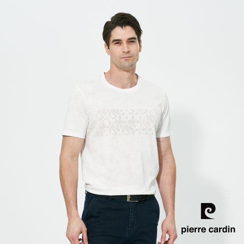 【pierre cardin 皮爾卡登】男款 印花LOGO圓領短袖上衣-白色 (5257281-90)
