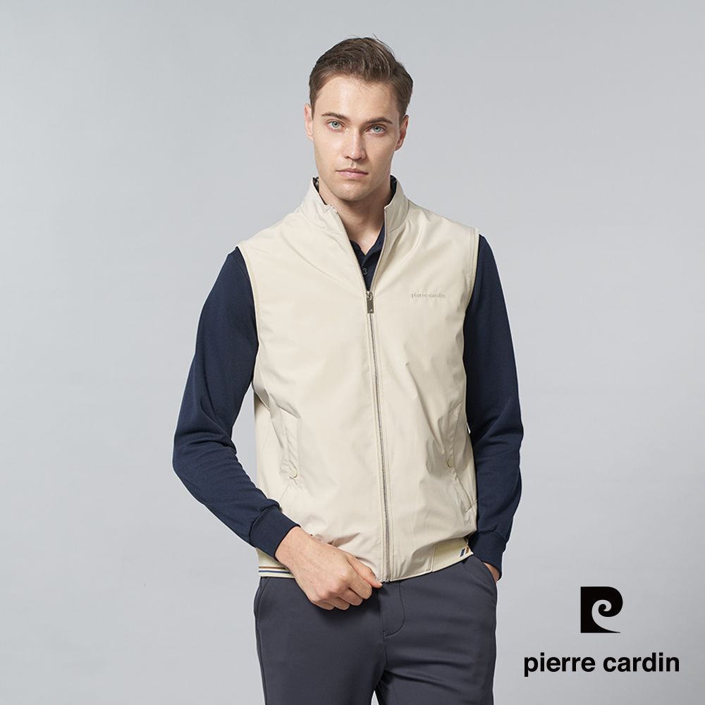 Pierre Cardin 皮爾卡登 男裝 都會休閒素色配格紋保暖背心-米色 (5245361-80)