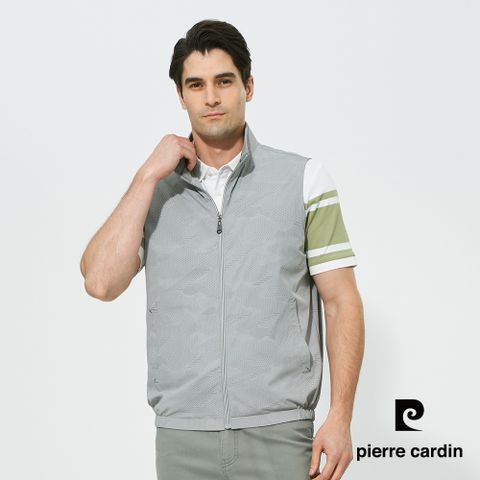 【pierre cardin 皮爾卡登】男款 吸濕速乾微彈性印花休閒立領薄背心-灰色 (5257362-92)