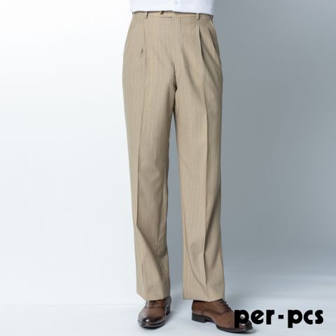 【per-pcs】質感品味打摺西褲_條紋卡其(84222)