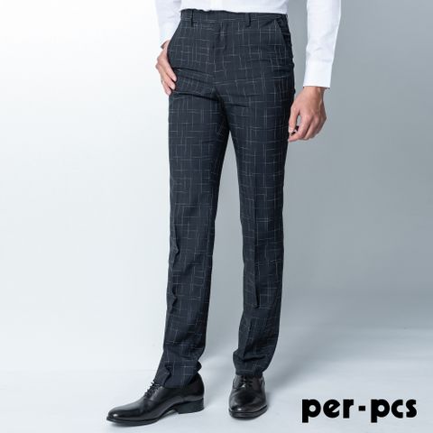 【per-pcs】都會摩登窗格紋合身平面西褲_黑色(PNS110)