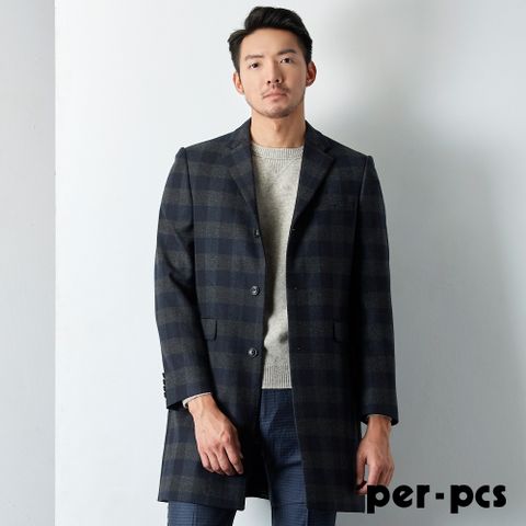 【per-pcs】時尚經典格紋短大衣_藍灰格(818911)