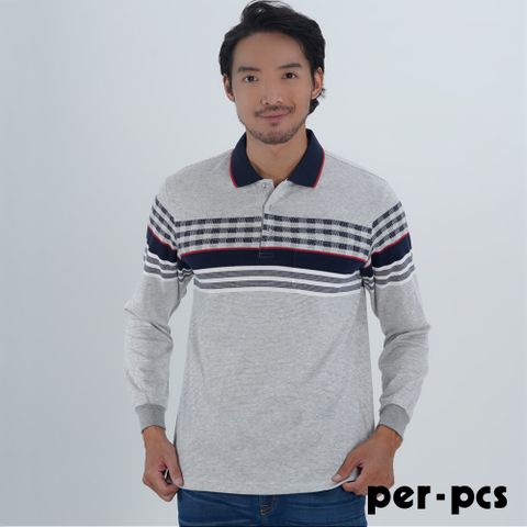 【per-pcs】簡約棉混條紋交織長袖保暖POLO衫_灰(822502)