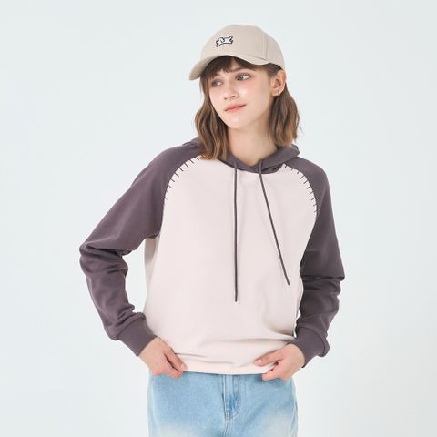 GIORDANO 女裝拼接袖連帽上衣-32 水晶灰杏X葡萄乾紫