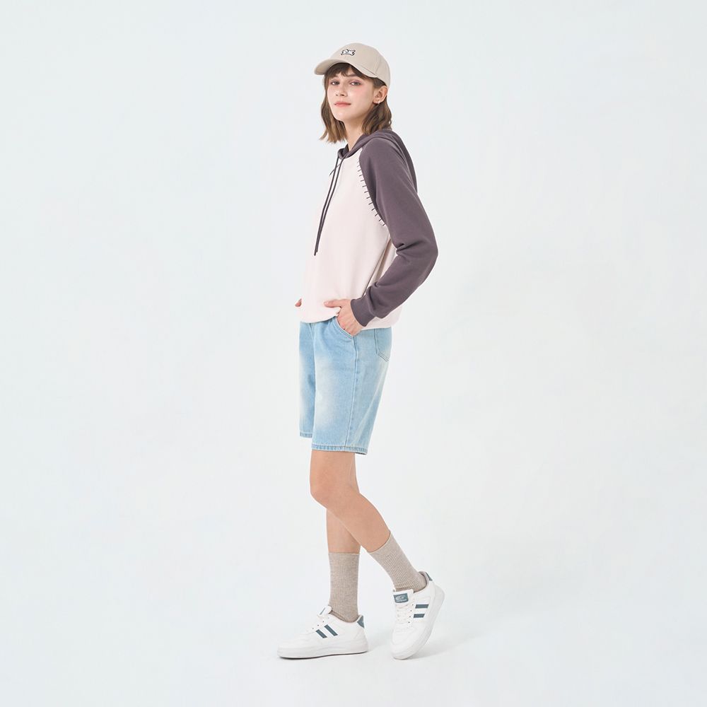 GIORDANO 佐丹奴 女裝拼接袖連帽上衣-32 水晶灰杏X葡萄乾紫