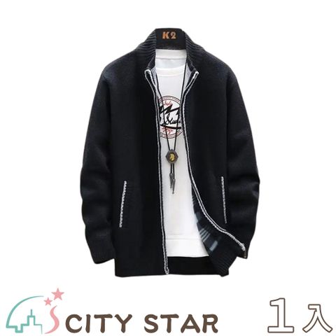 CITY STAR 商務紳士加絨加厚立領毛衣外套L-4XL