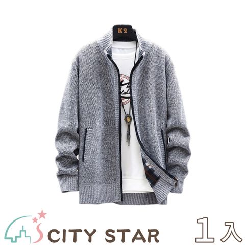 CITY STAR 商務紳士加絨加厚立領毛衣外套L-4XL