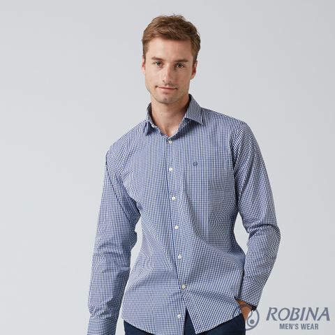 【ROBINA羅彼納】 寮國製 型男必備格紋 休閒長袖襯衫 VFL60-37藍