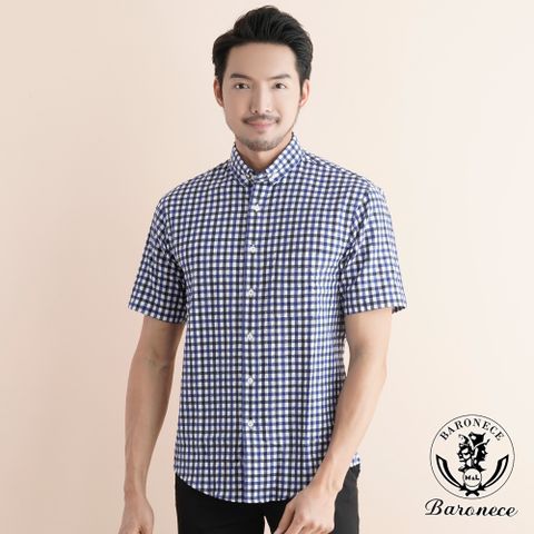 【BARONECE】英式經典格紋純棉短袖襯衫_藍(519401-10)
