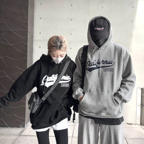 【AMERO】男女款 長袖刷毛連帽T恤 刺繡英文字 情侶裝