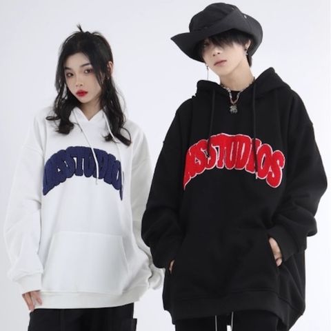 【AMERO】男女款 長袖連帽T恤 毛巾繡英文字 寬鬆版型 情侶裝