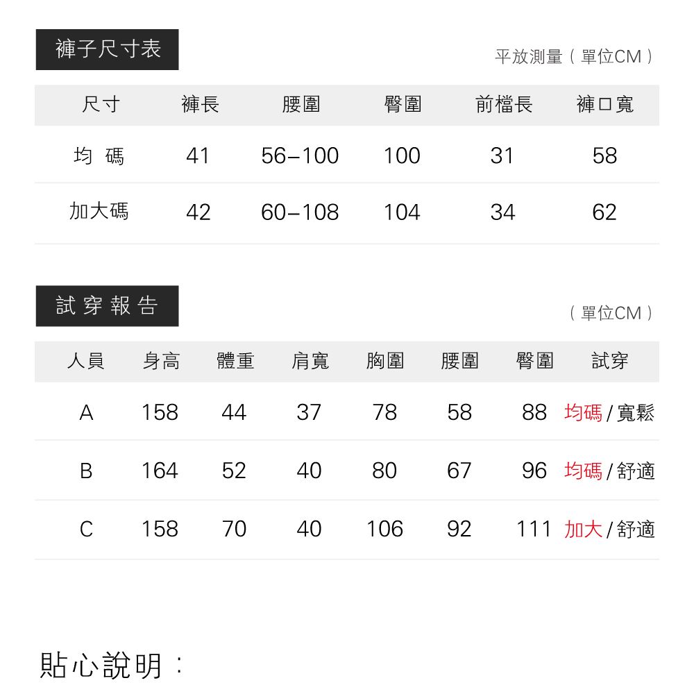 褲子尺寸表平放測量(單位M )尺寸褲長腰圍臀圍前檔長褲口寬均碼4156-101003158加大碼4260-1081043462試穿報告( 單位CM )人員 身高體重肩寬胸圍腰圍臀圍試穿A 1584437785888 均碼/寬鬆B16452C158704040040806796 均碼/舒適4010692111 加大/舒適貼心說明: