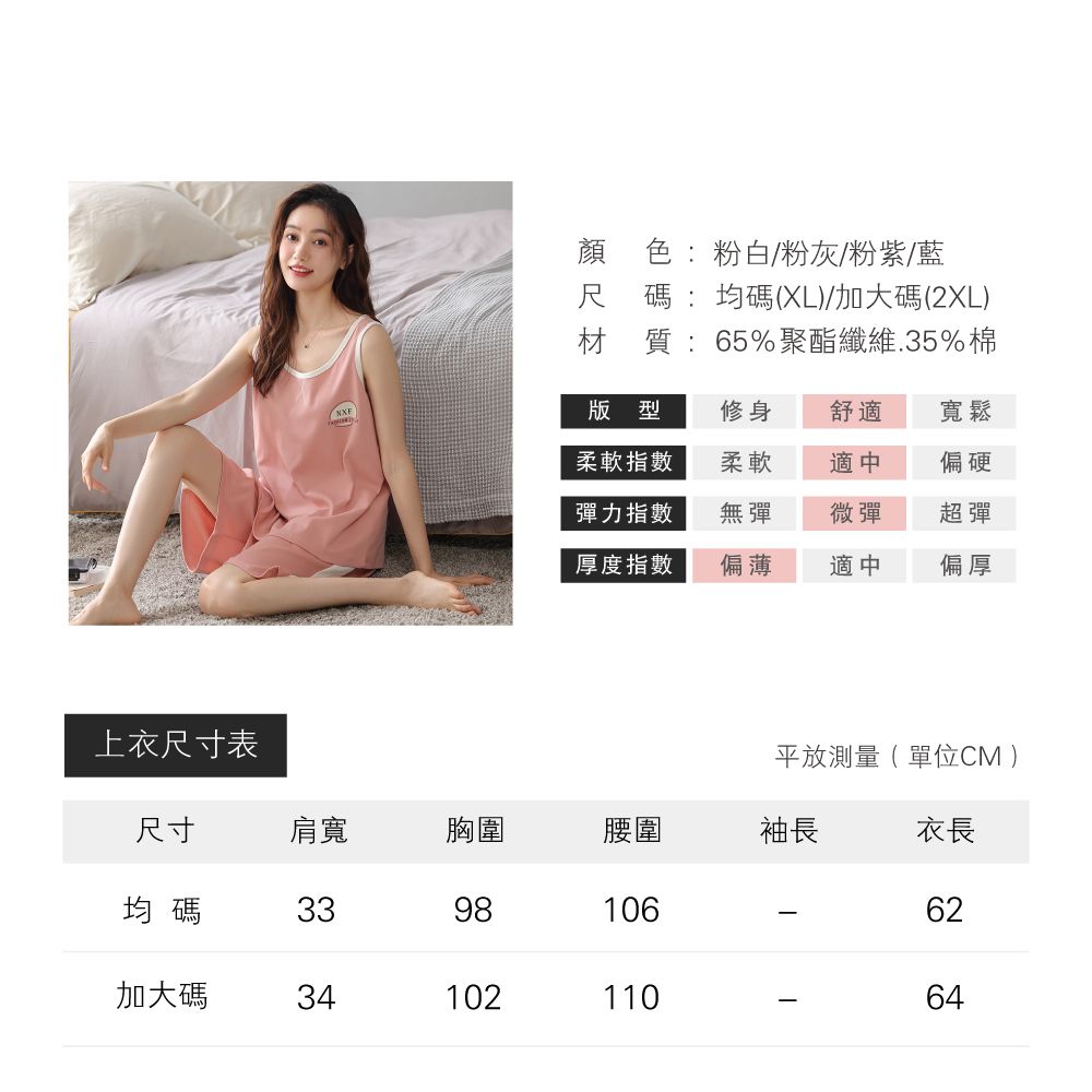 顏色:粉白/粉灰/粉紫/藍尺碼:均碼(XL)/加大碼(2XL)材質:65%聚酯纖維.35%棉版型修身舒適寬鬆柔軟指數柔軟適中偏硬彈力指數無彈微彈超彈厚度指數偏薄適中偏厚上衣尺寸表平放測量(單位CM)尺寸肩寬胸圍腰圍袖長衣長均碼339810662加大碼3410211064