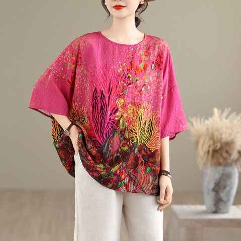 AKARA 桃面粉彩棉麻滿版多彩蝙蝠袖上衣(版型舒適剪裁/ 精製印花技術)