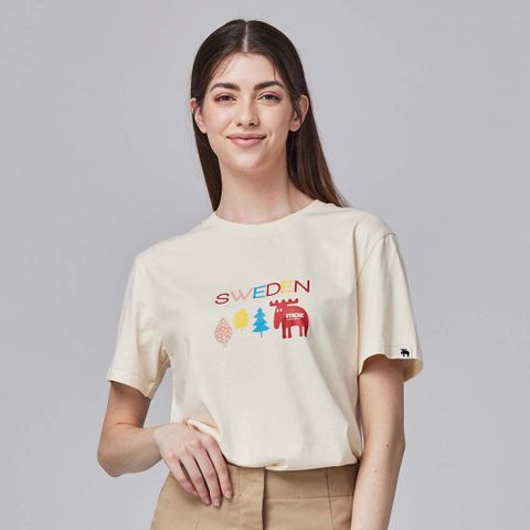 moz瑞典 森林駝鹿 舒適柔棉 100%純棉短T-奶油白(亞洲版)女款