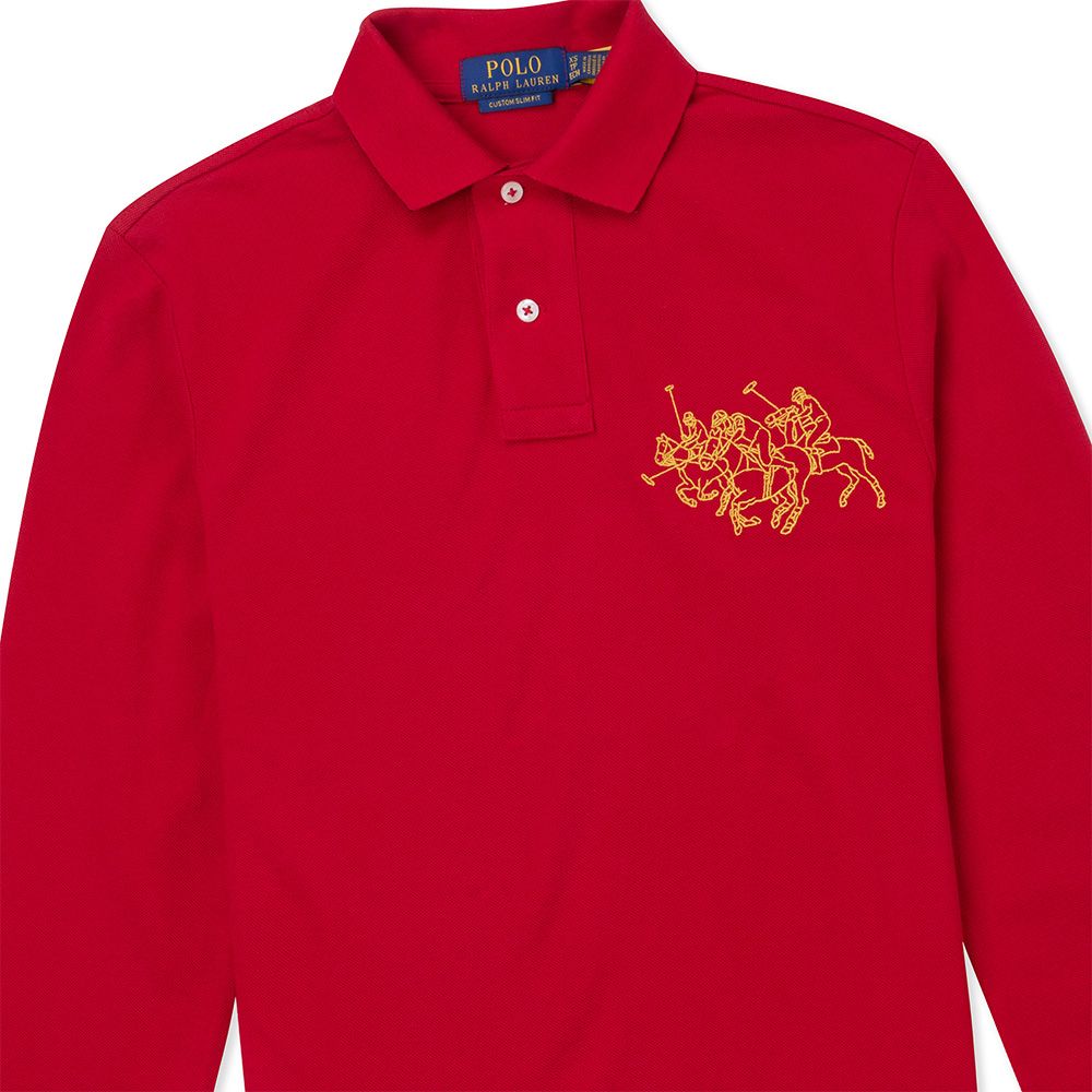 RALPH LAUREN POLO 熱銷立領刺繡大馬長袖Polo衫-紅色