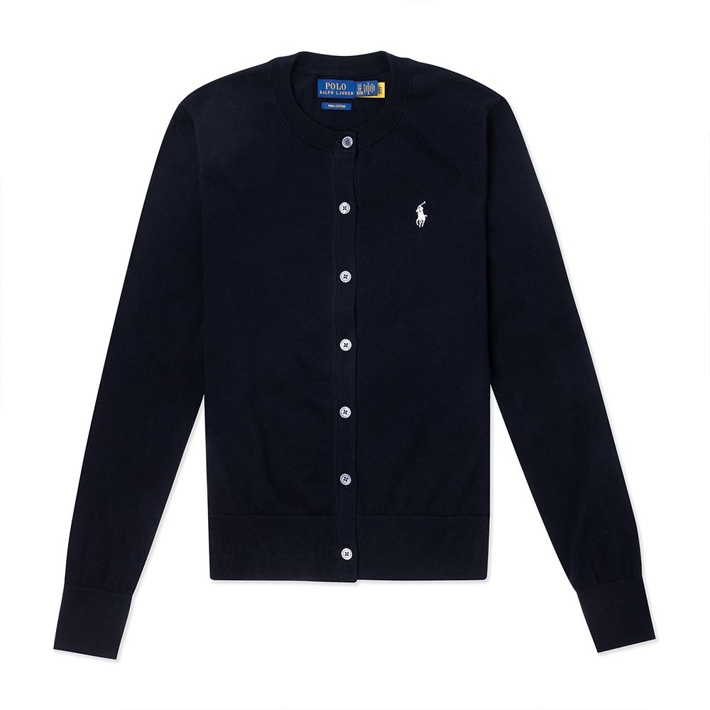 RALPH LAUREN POLO 熱銷圓領刺繡小馬針織開襟外套(女)-黑色