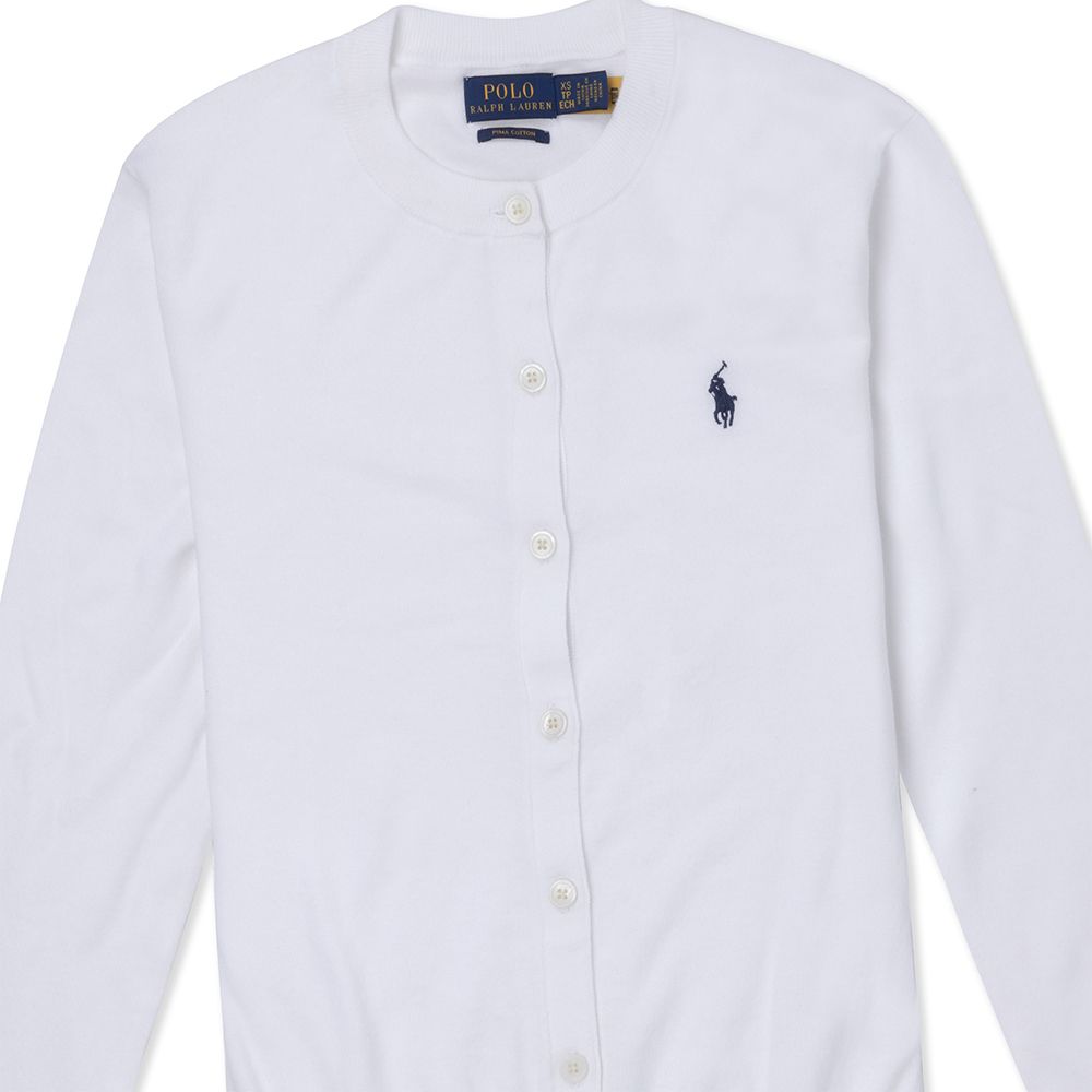 RALPH LAUREN POLO 熱銷圓領刺繡小馬針織開襟外套(女)-白色