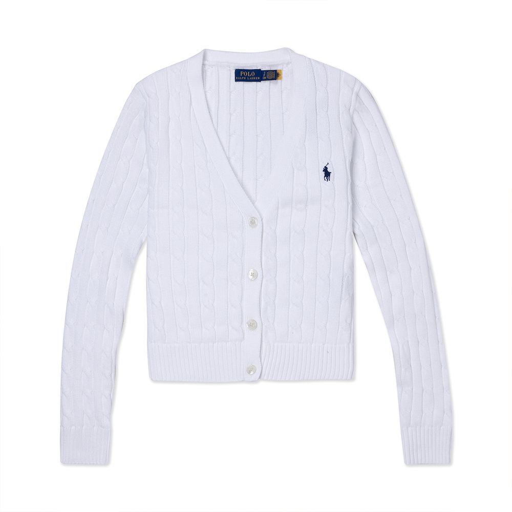 RALPH LAUREN POLO 熱銷V領刺繡小馬麻花開襟外套(女)-白色