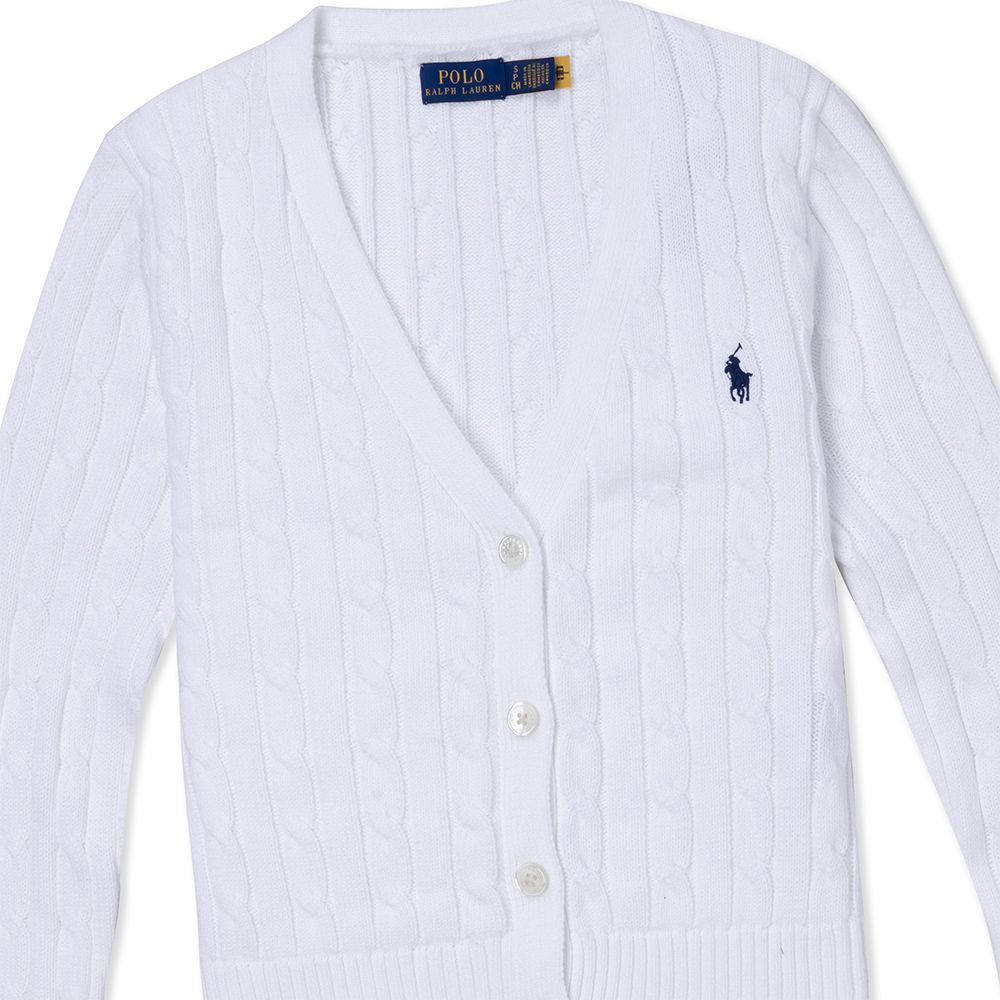 RALPH LAUREN POLO 熱銷V領刺繡小馬麻花開襟外套(女)-白色