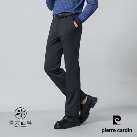 【pierre cardin皮爾卡登】男裝 內磨毛彈性平口休閒長褲-深灰色 (5245832-98)