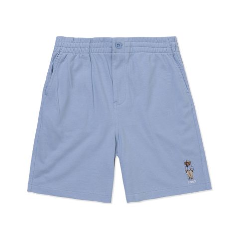 RALPH LAUREN POLO RL 熱銷刺繡熊款透氣網布圖案休閒短褲(青年款)-灰藍色